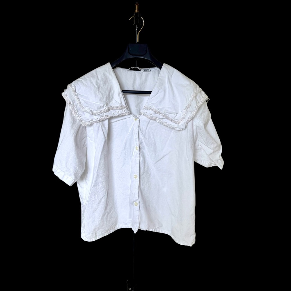Vintage 60's Detail Works White Cotton Sailor Collar Blouse Pearl Trim Sz 18